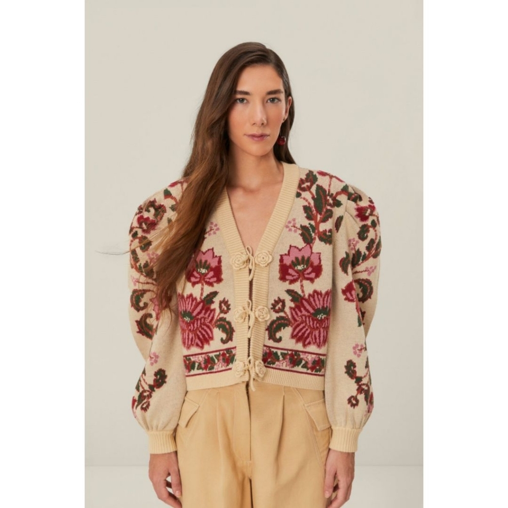 Farm Rio off-white ravenala floral knit cardigan
